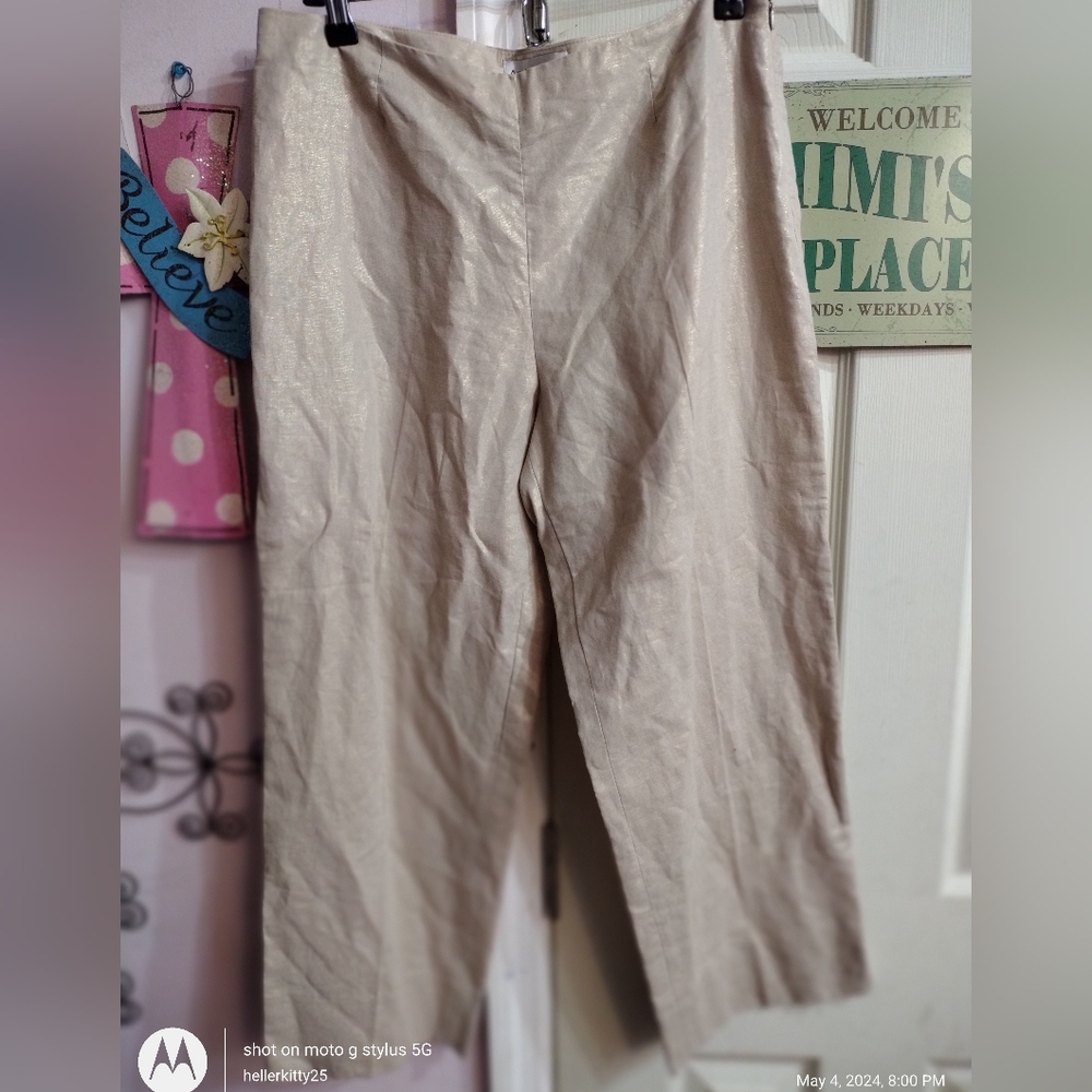 ANDRE OLIVER Linen Cotton blend Cropped Capri Side Zip Pant Shimmer Size 10